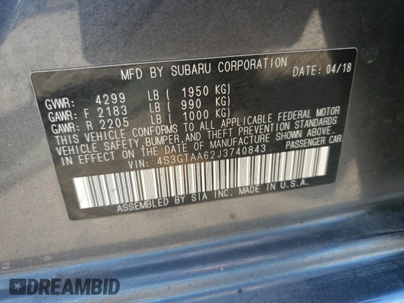 2018 Subaru Impreza с VIN 4S3GTAA62J3740843, выставлен на аукционе Copart как лот 54830025 с пробегом 55 217 миль миль и Списание • Salvage title. История ставок и продаж доступна на DreamBid. Изображение 12.