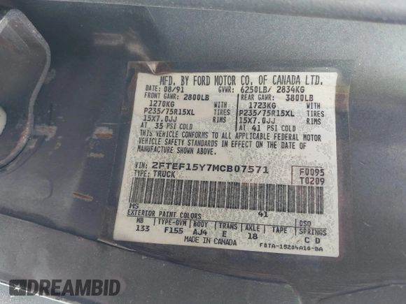 1991 Ford F-150 Special with VIN 2FTEF15Y7MCB07571, listed as a IAAI auction lot 42112922 with 75,013 mi miles. Bid and sale history available at carsss.com. Image 9.