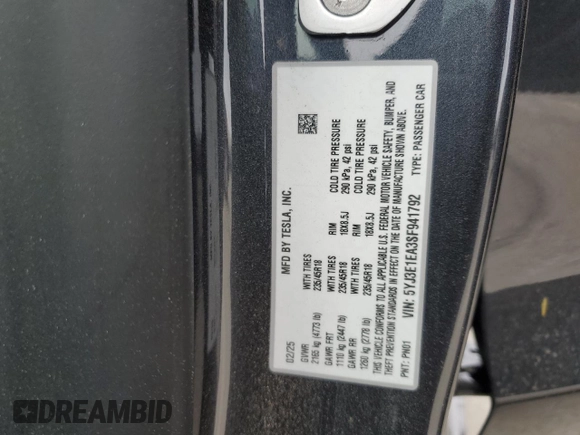 2025 Tesla Model 3 Long Range with VIN 5YJ3E1EA3SF941792, listed as a Copart auction lot 55505795 with 2,813 mi miles and Salvage title. Bid and sale history available at DreamBid. Image 14.