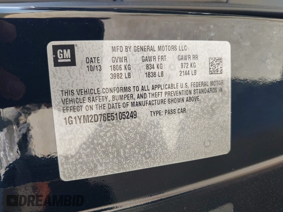 2014 Chevrolet Corvette Z51 3LT with VIN 1G1YM2D76E5105249, listed as a IAAI auction lot 42374805 with 60,472 mi miles and . Bid and sale history available at DreamBid. Image 9.