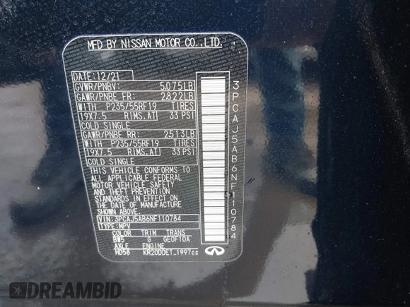 2022 Infiniti QX50 Pure with VIN 3PCAJ5AB6NF110784, listed as a IAAI auction lot 41798196 with 36,586 mi miles and . Bid and sale history available at DreamBid. Image 9.