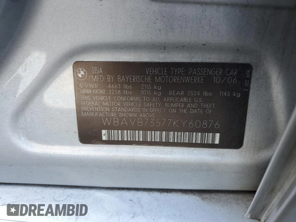 2007 BMW 3 Series 335i with VIN WBAVB73577KY60876, listed as a Copart auction lot 77561104 with Not provided miles and Salvage title. Bid and sale history available at DreamBid. Image 14.