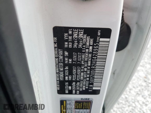 2017 Hyundai Santa Fe 2.4L with VIN 5XYZUDLB2HG428965, listed as a Copart auction lot 60867185 with 124,285 mi miles and Clean title. Bid and sale history available at DreamBid. Image 13.