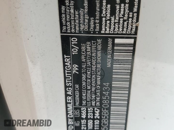 2011 Mercedes-Benz E 350 with VIN WDDKJ5GB5BF085434, listed as a Copart auction lot 55985565 with 169,351 mi miles and Salvage Title. Bid and sale history available at DreamBid. Image 13.