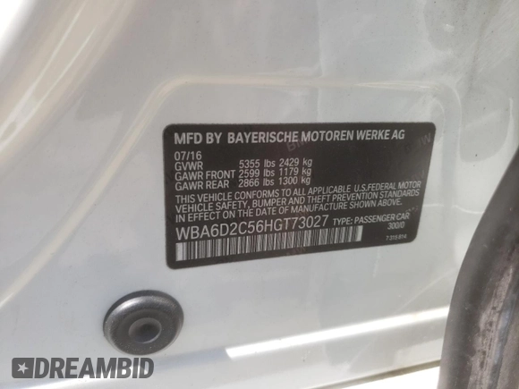 2017 BMW 6 Series 640i xDrive with VIN WBA6D2C56HGT73027, listed as a Copart auction lot 66805633 with 57,081 mi miles and . Bid and sale history available at DreamBid. Image 12.