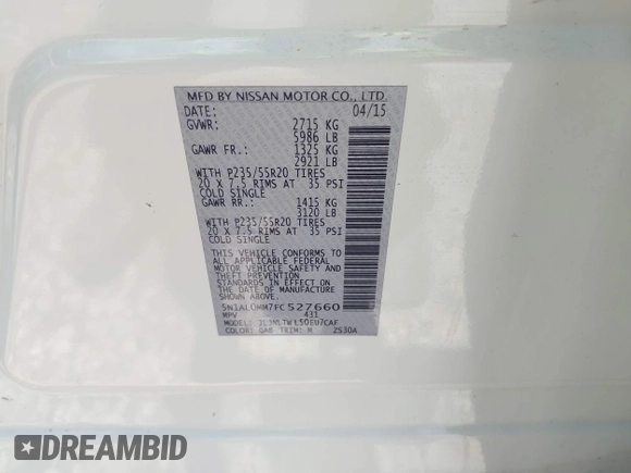 2015 Infiniti QX60 with VIN 5N1AL0MM7FC527660, listed as a IAAI auction lot 42478349 with 146,649 mi miles and . Bid and sale history available at DreamBid. Image 9.
