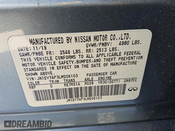 2020 Infiniti Q50 3.0t LUXE with VIN JN1EV7AP3LM206103, listed as a Copart auction lot 45989215 with 117,521 mi miles and Clean Title. Bid and sale history available at carsss.com. Image 12.
