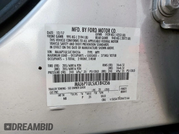 2018 Ford EcoSport SE z VIN MAJ6P1UL5JC184356, wystawiony jako Copart lot #55627205 z przebiegiem 77 647 mil mil oraz Szkoda całkowita • Salvage title. Historia ofert i sprzedaży dostępna na DreamBid. Obrazek 14.