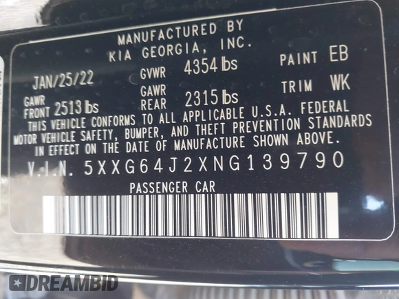 2022 Kia K5 GT-Line z VIN 5XXG64J2XNG139790, wystawiony jako IAAI lot #41737680 z przebiegiem 34 738 mil mil oraz . Historia ofert i sprzedaży dostępna na DreamBid. Obrazek 9.