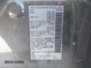 2019 Nissan Rogue SL with VIN 5N1AT2MT3KC819920, listed as a IAAI auction lot 40863073 with 60,923 mi miles and . Bid and sale history available at DreamBid. Image 9.