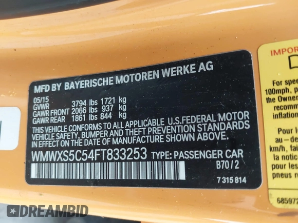 2015 MINI Hardtop 4 Door z VIN WMWXS5C54FT833253, wystawiony jako IAAI lot #42247647 z przebiegiem Nie podano mil oraz . Historia ofert i sprzedaży dostępna na DreamBid. Obrazek 9.