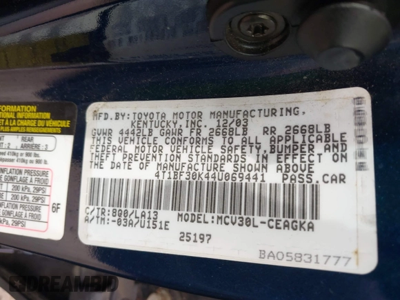 2004 Toyota Camry LE with VIN 4T1BF30K44U069441, listed as a IAAI auction lot 41740124 with 145,906 mi miles. Bid and sale history available at carsss.com. Image 9.