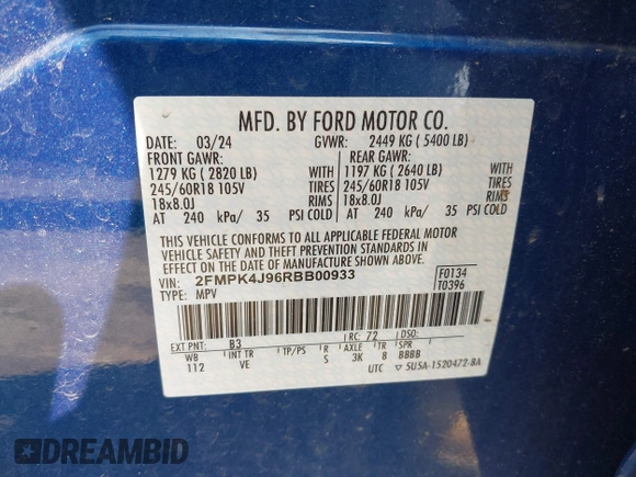 2024 Ford Edge SEL z VIN 2FMPK4J96RBB00933, wystawiony jako IAAI lot #42393326 z przebiegiem 28 710 mil mil oraz . Historia ofert i sprzedaży dostępna na DreamBid. Obrazek 9.