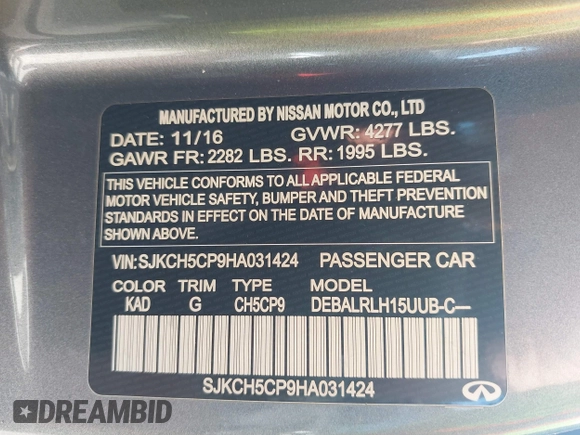 2017 Infiniti QX30 Sport with VIN SJKCH5CP9HA031424, listed as a IAAI auction lot 42792075 with 81,686 mi miles and . Bid and sale history available at DreamBid. Image 9.