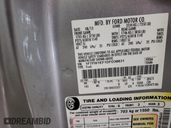 2013 Ford F-150 XL with VIN 1FTFW1EF1DFD38831, listed as a Copart auction lot 46692585 with 207,959 mi miles and Salvage Title. Bid and sale history available at DreamBid. Image 12.
