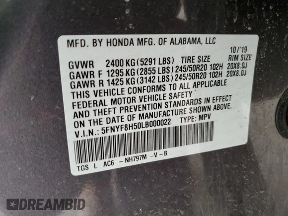 2020 Honda Passport EX-L with VIN 5FNYF8H50LB000022, listed as a Copart auction lot 59368095 with 85,331 mi miles and Non repairable. Bid and sale history available at DreamBid. Image 14.