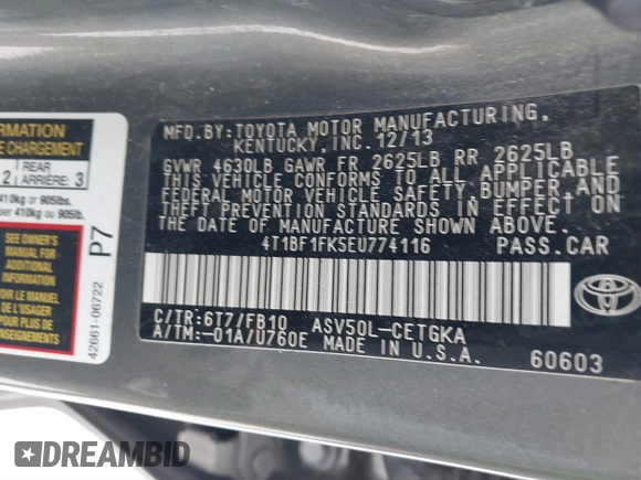 2014 Toyota Camry L with VIN 4T1BF1FK5EU774116, listed as a IAAI auction lot 41286569 with 184,797 mi miles. Bid and sale history available at carsss.com. Image 9.