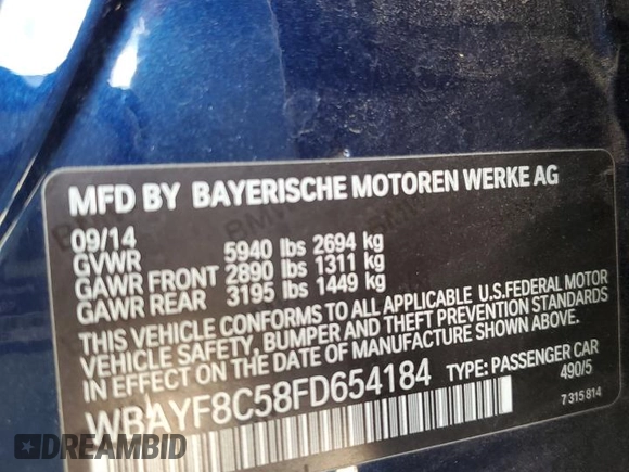 2015 BMW 7 Series 750Li xDrive with VIN WBAYF8C58FD654184, listed as a Copart auction lot 77203184 with 122,955 mi miles and Non Repairable. Bid and sale history available at DreamBid. Image 13.