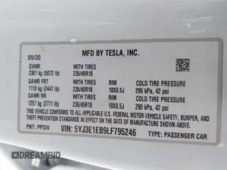 2020 Tesla Model 3 Long Range with VIN 5YJ3E1EB9LF795246, listed as a IAAI auction lot 41895750 with 163,061 mi miles and . Bid and sale history available at DreamBid. Image 9.