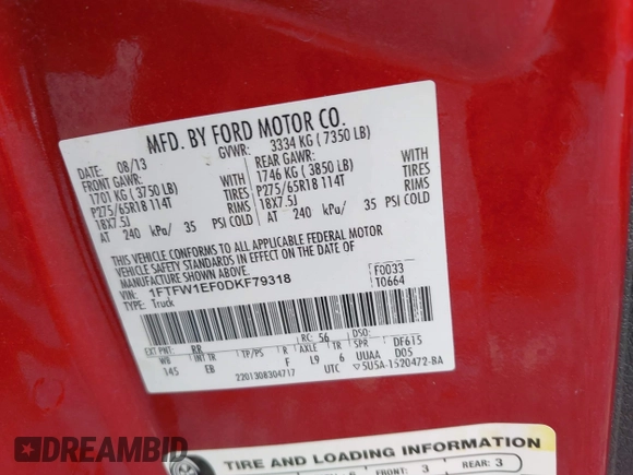 2013 Ford F-150 XL with VIN 1FTFW1EF0DKF79318, listed as a IAAI auction lot 41699072 with 218,353 mi miles. Bid and sale history available at carsss.com. Image 9.