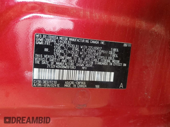 2011 Toyota RAV4 with VIN 2T3ZF4DV0BW091983, listed as a Copart auction lot 51123665 with 189,188 mi miles and Salvage Title. Bid and sale history available at DreamBid. Image 13.