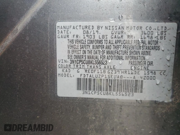 2019 Nissan Kicks SR z VIN 3N1CP5CU8KL556523, wystawiony jako Copart lot #50891965 z przebiegiem 31 313 mil mil oraz Szkoda całkowita • Salvage title. Historia ofert i sprzedaży dostępna na DreamBid. Obrazek 13.
