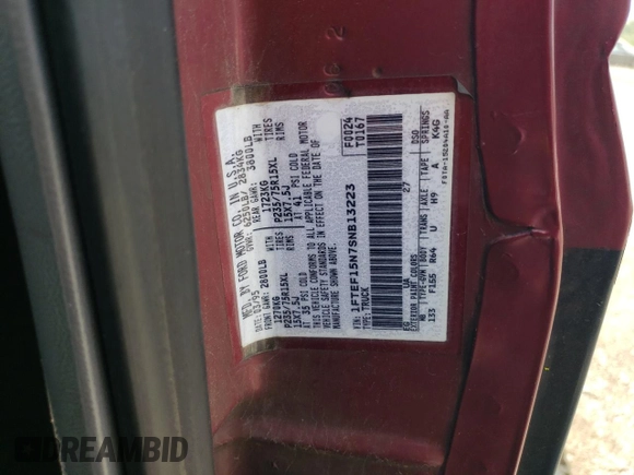 1995 Ford F-150 with VIN 1FTEF15N7SNB13223, listed as a Copart auction lot 56002595 with Not provided miles and Salvage title. Bid and sale history available at DreamBid. Image 12.