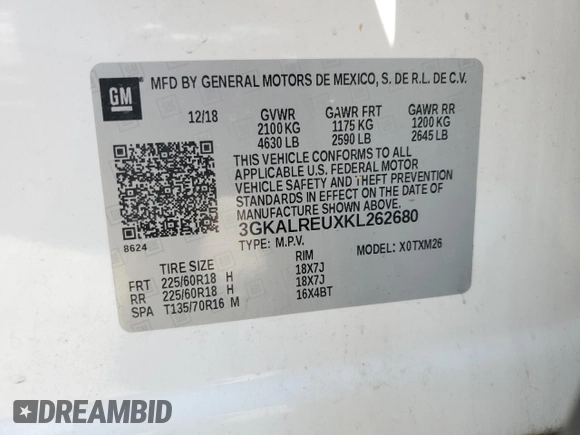 2019 GMC Terrain SLT Diesel with VIN 3GKALREUXKL262680, listed as a Copart auction lot 62240564 with 119,398 mi miles and Salvage Title. Bid and sale history available at DreamBid. Image 13.