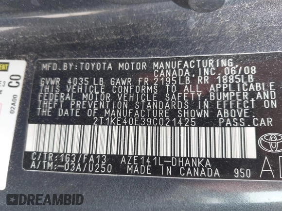 2009 Toyota Matrix S with VIN 2T1KE40E39C021425, listed as a IAAI auction lot 41945176 with 81,557 mi miles and . Bid and sale history available at DreamBid. Image 9.