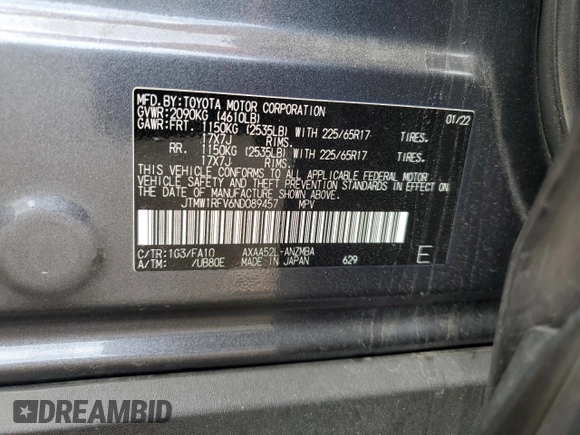 2022 Toyota RAV4 XLE with VIN JTMW1RFV6ND089457, listed as a Copart auction lot 47178465 with 43,850 mi miles and Salvage Title. Bid and sale history available at carsss.com. Image 13.