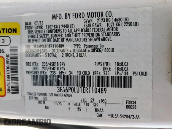 2014 Ford Fusion SE Hybrid with VIN 3FA6P0LU1ER110489, listed as a Copart auction lot 58364095 with 112,605 mi miles and Salvage title. Bid and sale history available at DreamBid. Image 12.