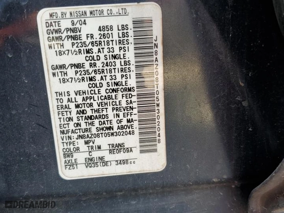 2005 Nissan Murano SE with VIN JN8AZ08T05W302048, listed as a Copart auction lot 52430715 with 185,744 mi miles and Salvage Title. Bid and sale history available at carsss.com. Image 13.