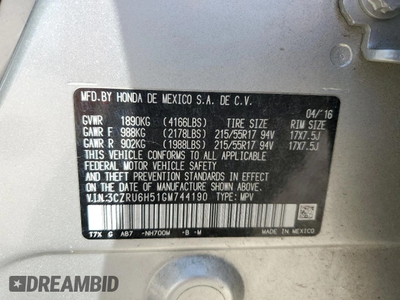 2016 Honda HR-V EX with VIN 3CZRU6H51GM744190, listed as a Copart auction lot 49764335 with 101,678 mi miles and Salvage Title. Bid and sale history available at DreamBid. Image 14.