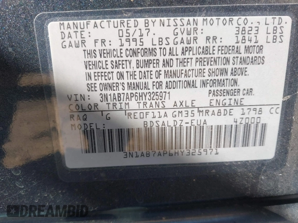 2017 Nissan Sentra S with VIN 3N1AB7AP6HY325971, listed as a IAAI auction lot 41884336 with 83,060 mi miles and . Bid and sale history available at carsss.com. Image 9.