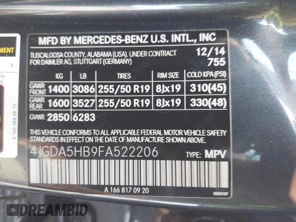 2015 Mercedes-Benz M 350 with VIN 4JGDA5HB9FA522206, listed as a IAAI auction lot 42634089 with 120,000 mi miles and . Bid and sale history available at DreamBid. Image 9.