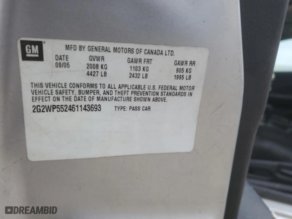 2006 Pontiac Grand Prix with VIN 2G2WP552461143693, listed as a Copart auction lot 43862235 with 0 miles and Salvage Title. Bid and sale history available at carsss.com. Image 13.
