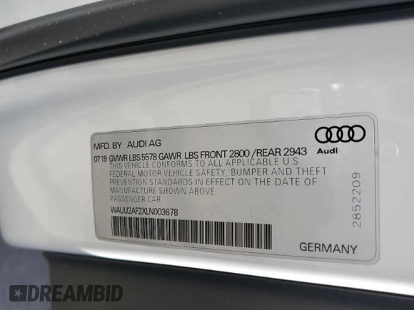 2020 Audi A7 Premium Plus with VIN WAUU2AF2XLN003678, listed as a Copart auction lot 67271893 with 33,856 mi miles and . Bid and sale history available at DreamBid. Image 12.