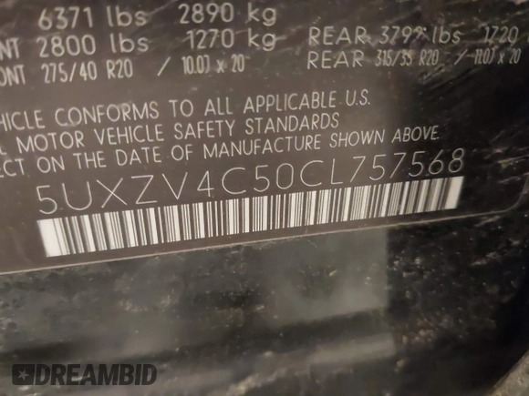 2012 BMW X5 35i with VIN 5UXZV4C50CL757568, listed as a IAAI auction lot 41315024 with 166,825 mi miles and . Bid and sale history available at DreamBid. Image 9.