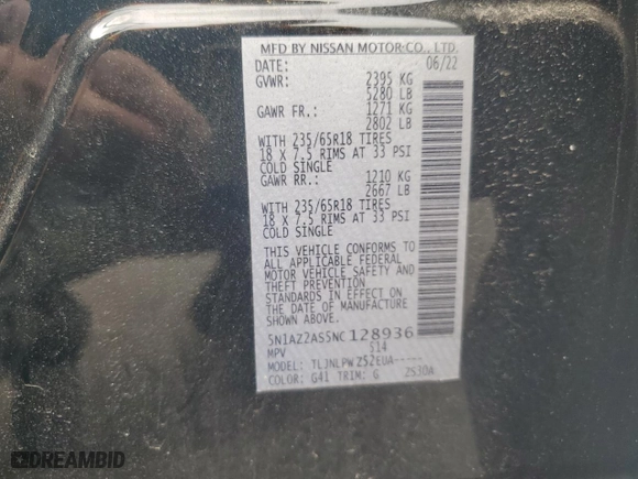 2022 Nissan Murano S with VIN 5N1AZ2AS5NC128936, listed as a Copart auction lot 67934944 with 32,612 mi miles and Salvage Title. Bid and sale history available at carsss.com. Image 13.