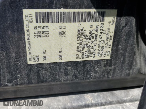 2013 Nissan Maxima SV with VIN 1N4AA5AP9DC834028, listed as a Copart auction lot 61375475 with 127,745 mi miles and Salvage title. Bid and sale history available at DreamBid. Image 12.