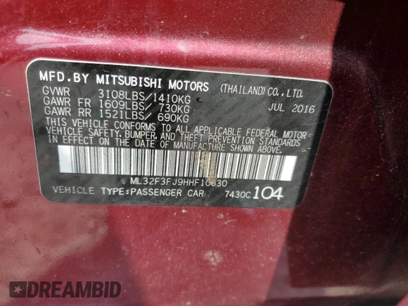 2017 Mitsubishi Mirage ES with VIN ML32F3FJ9HHF10830, listed as a Copart auction lot 60078115 with 227,571 mi miles and Salvage title. Bid and sale history available at DreamBid. Image 12.