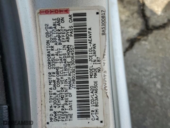 2003 Lexus IS 300 with VIN JTHBD192130064557, listed as a Copart auction lot 73279894 with 185,009 mi miles and Salvage Title. Bid and sale history available at carsss.com. Image 12.