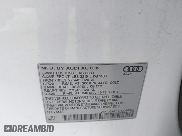 2015 Audi Q7 Premium Plus with VIN WA1LGAFE7FD030822, listed as a IAAI auction lot 41957888 with 116,476 mi miles and . Bid and sale history available at DreamBid. Image 9.