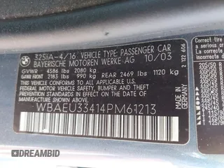 2004 BMW 3 Series 325xi with VIN WBAEU33414PM61213, listed as a IAAI auction lot 42201782 with 138,327 mi miles and . Bid and sale history available at carsss.com. Image 9.