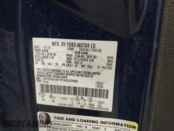2012 Ford F-150 XL with VIN 1FTFW1EF7CKD37009, listed as a IAAI auction lot 42369432 with Not provided miles and . Bid and sale history available at DreamBid. Image 9.