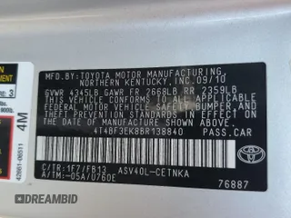 2011 Toyota Camry LE with VIN 4T4BF3EK8BR138840, listed as a Copart auction lot 64978745 with 138,210 mi miles and Salvage title. Bid and sale history available at DreamBid. Image 12.