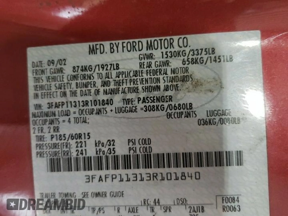 2003 Ford ZX2 ZX2 Standard z VIN 3FAFP11313R101840, wystawiony jako Copart lot #49774835 z przebiegiem 57 241 mil mil oraz Nie do naprawy. Historia ofert i sprzedaży dostępna na DreamBid. Obrazek 12.
