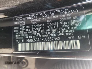 2020 Hyundai Kona Ultimate with VIN KM8K5CA5XLU567542, listed as a Copart auction lot 64837022 with 9,976 mi miles. Bid and sale history available at carsss.com. Image 10.