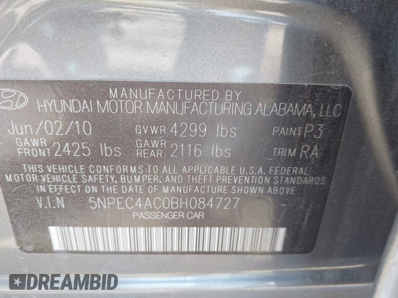 2011 Hyundai Sonata Limited with VIN 5NPEC4AC0BH084727, listed as a IAAI auction lot 42082958 with 146,223 mi miles and . Bid and sale history available at DreamBid. Image 9.