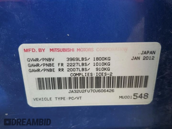 2012 Mitsubishi Lancer ES with VIN JA32U2FU7CU606426, listed as a Copart auction lot 52985355 with 261,158 mi miles and Salvage Title. Bid and sale history available at DreamBid. Image 12.